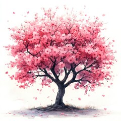 Fototapeta premium Vibrant Pink Blossom Tree with Falling Petals in Bright Background