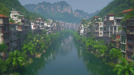 Fototapeta premium Serene Riverfront Village nestled in Lush Green Mountains