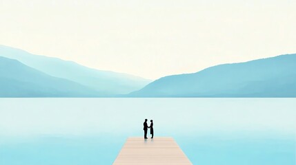 Naklejka premium A serene couple stands on a wooden pier, gazing at tranquil waters surrounded by soft, muted mountains.