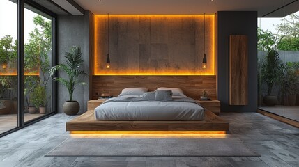 Modern Minimalist Bedroom Interior Design with Wood Elements, Soft Textures, and Ambient Lighting, Showcasing a Serene and Stylish Atmosphere for Relaxation