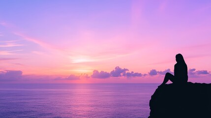 Serene Silhouette Woman at Sunset Ocean View