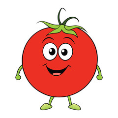 A cheerful, round tomato with a bright red skin and green leafy top. Its eyes sparkle with mischief, and a wide smile shows its fun-loving, friendly personality.