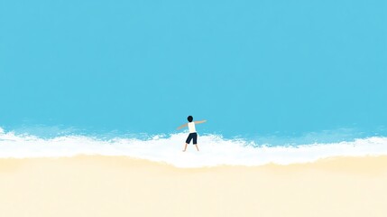 A child joyfully plays at the beach, with the ocean waves crashing gently at their feet under a bright blue sky.