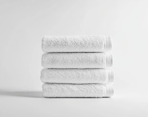 Stack of four clean white fluffy towels on white background.