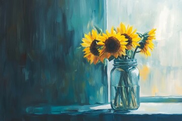 Bright sunflowers in a mason jar, placed on a kitchen counter with soft morning light
