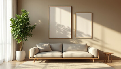 a beige sofa with two white pillows, a wooden side table, and a large potted plant. Cozy modern living room with photo frame design