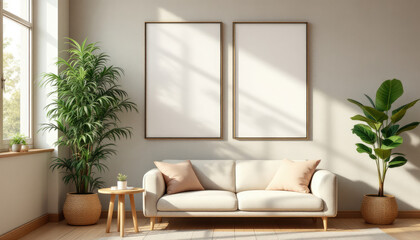 a white sofa with two tan pillows, a wooden side table, and two potted plants. Cozy modern living room with photo frame design