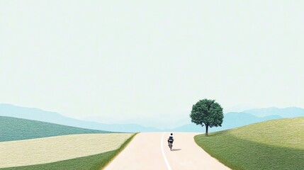 Obraz premium A lone motorcyclist rides along a tranquil road lined with lush greenery, under a pale sky, evoking a sense of freedom and serenity.