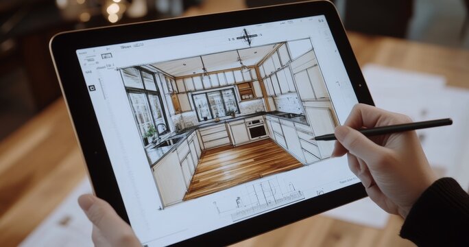 Interior designer sketching plans on tablet with blueprints and modern cabinet concepts displayed