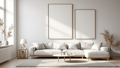 a large white sectional sofa with a coffee table in front of it, and two large blank picture frames hanging on the wall above the sofa. Cozy modern living room with photo frame design