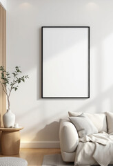 a white sofa with a gray throw pillow, a wooden side table with a white vase and plant, and a blank picture frame hanging on the wall above the sofa. Cozy modern living room with photo frame design