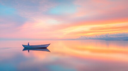 Serene Sunset on Calm Waters with a lone boatman.