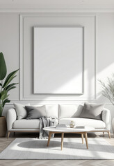 a white sofa with gray pillows, a coffee table, and a large white picture frame on the wall above the sofa. Cozy modern living room with photo frame design