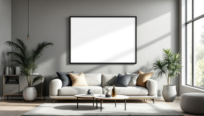 a large white sofa with multiple throw pillows, a coffee table, and a large blank picture frame on the wall above the sofa. Cozy modern living room with photo frame design