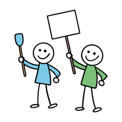 A group of stick figures, each holding a sign with different messages. The figures have simple lines for bodies and heads, with arms outstretched to hold their signs.