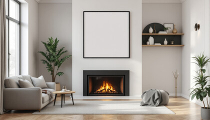 a gray sofa, a coffee table, a fireplace with a lit fire, a large blank picture frame, and two potted plants. Cozy modern living room with photo frame design