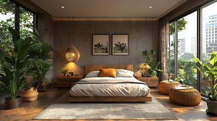 Contemporary bedroom interior with large windows, natural light, green plants, modern decor, cozy atmosphere, and elegant furnishings in an urban setting