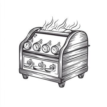 A vintage-style toaster emitting steam, showcasing knobs for temperature control.