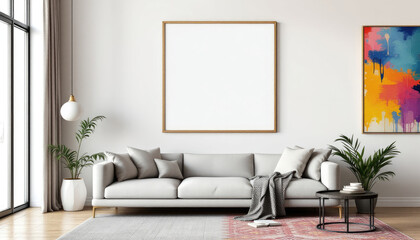 a large white couch with gray pillows, a coffee table, and a large window with a white curtain. Cozy modern living room with photo frame design