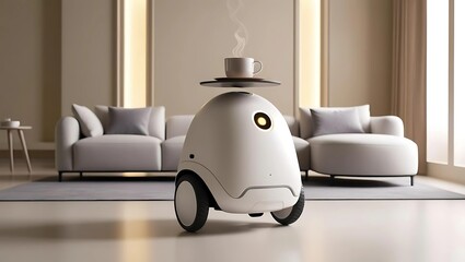 Home Assistance Robot Carrying a Tray with Coffee in a Modern Living Room

