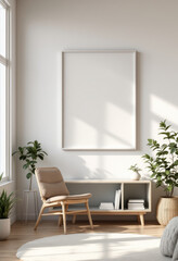 Modern living room with chair and blank picture frame on the wall surrounded by two potted plants and bookshelf. Photo frame design