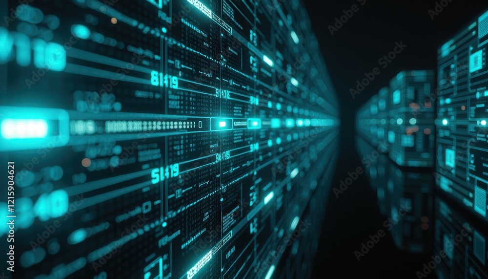 Poster close-up of a digital data center illuminated by multitude of numbers and lights
