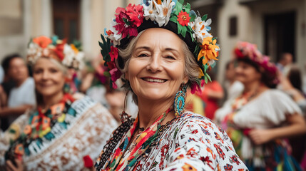 Fototapeta premium group of joyful women in traditional dress are dancing during cultural festival, wearing colorful floral crowns and embroidered shirts, smiling happily