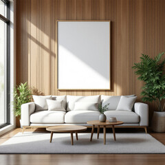 a large white sofa with three pillows, a wooden coffee table, and a large blank picture frame on the wall. Cozy modern living room with photo frame design