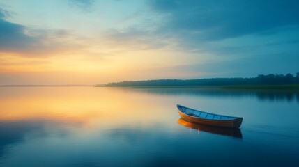 Naklejka premium Serene Sunrise over Calm Lake with Rowboat.