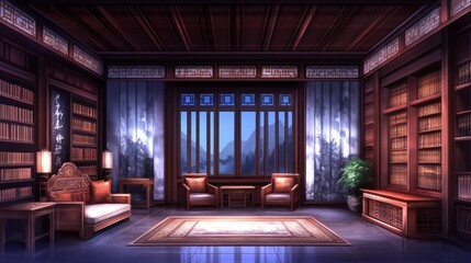 Naklejka premium Serene Study Tranquil Asian Library Interior Design