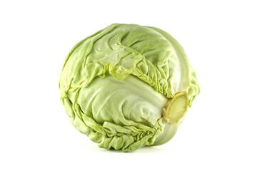 Fresh Green Cabbage Isolated on White Background Close-Up