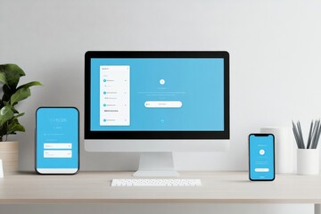 Desktop computer and mobile phone mockup showcasing a SaaS platform interface, in a minimalist office