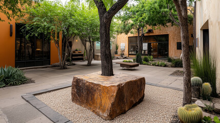 Courtyard with central tree and stone seating expressing peacefulness, trees gives nice shade during day time making this pleasant view