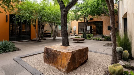 Papier peint photo Par pièce Courtyard with central tree and stone seating expressing peacefulness, trees gives nice shade during day time making this pleasant view  © Arty&Happy