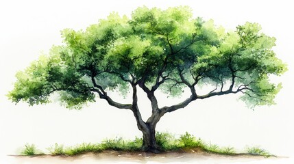 Fototapeta premium Lush Green Tree with Expansive Canopy in Watercolor Style