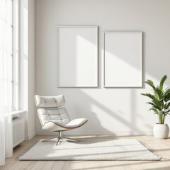 a white leather chair with a swiveling base, a rug on the floor, and two blank picture frames on the wall. Cozy modern living room with photo frame design