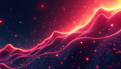 Fototapeta premium Vibrant Digital Artwork: Red and Blue Wave Pattern Illuminated by Radiant Light Against a Dark Background