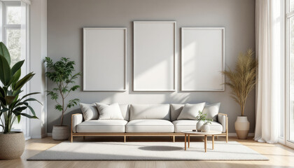 a white sofa with three white picture frames on the wall above it, creating a balanced and harmonious space. Cozy modern living room with photo frame design