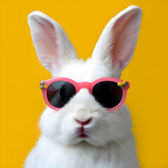 Fototapeta premium Abstract clip-art of White Rabbit wearing trendy sunglasses. Contemporary colourful background. Copy space. Summer minimalism. For posters, planners, web, 