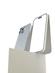 Smartphone closeup with blank screens display isolated on background. Mobile phone digital mockups on podium template for presentation branding, ads, UI, UX interface, website, gadget presenting