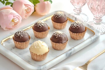 luxe chocolate puffs with marble tray and crystal goblets