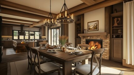 A large, well-lit dining room with a fireplace and a chandelier. The room is decorated in a rustic style with wooden furniture and a cozy atmosphere