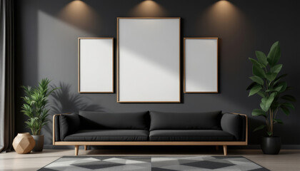 a black sofa with a geometric rug in front of it, and three blank picture frames hanging on the wall above the sofa. Cozy modern living room with photo frame design