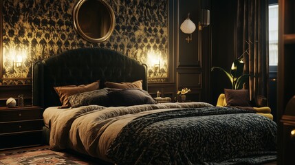 A bedroom with a large bed and a mirror. The room is decorated in a dark color scheme with gold accents