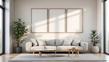 a gray sofa with three white picture frames hanging above it, creating a cozy and inviting atmosphere. Cozy modern living room with photo frame design