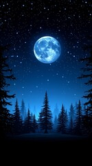Naklejka premium Serene Night Full Blue Moon Illuminates a Silhouetted Pine Forest
