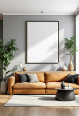 a large, comfortable couch with two throw pillows, a coffee table, and a large blank picture frame on the wall above it. Cozy modern living room with photo frame design