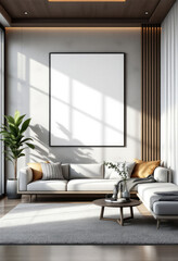 a large white couch with a black and white checkered throw pillow, a wooden coffee table, and a large white picture frame on the wall. Cozy modern living room with photo frame design