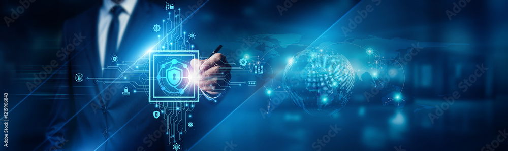 Poster businessman points at network security as a critical component in safeguarding digital infrastructur