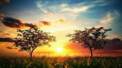 Fototapeta premium Serene Sunset Landscape with Silhouetted Trees